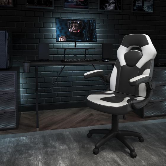 Black/White Gaming Desk Set with Cup Holder, Headphone Hook, and Monitor Stand