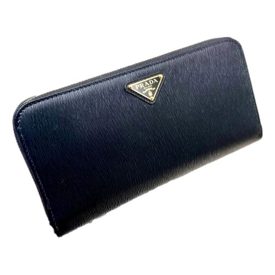 Prada Vitello Move Nero Black Leather Zip Around Long Wallet Gold Triangle Logo