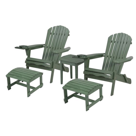Blizzard - 2 Foldable Adirondack Chairs w/Cup Holders, 2 Ottoman & End Table - Sea Green