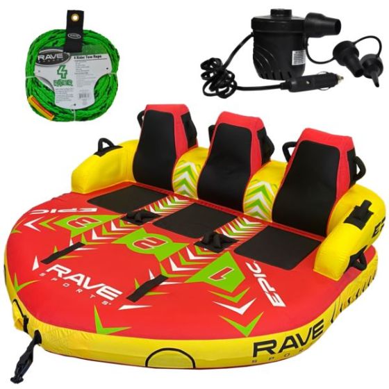 RAVE Sports - Epic Towable, 1-Section 4-Rider Tow Rope, & High Pressure DC12V Electric Pump