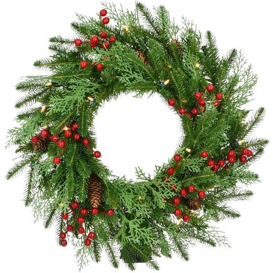 24-in Wreath with Pinecones, Red Berries, and Warm White LED Lights