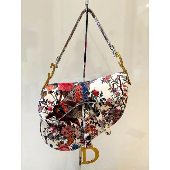 Dior Rare Floral and Bird Print Leather Saddle Bag Gold Detailing