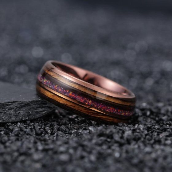 Ringo - Tungsten + Koa Wood & Crushed Fire Opal Ring Size 12