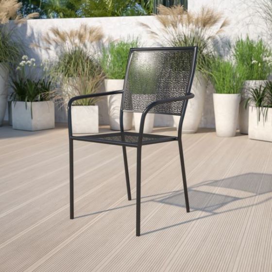 Black Indoor-Outdoor Steel Patio Arm Chair with Square Back - Bistro Chair