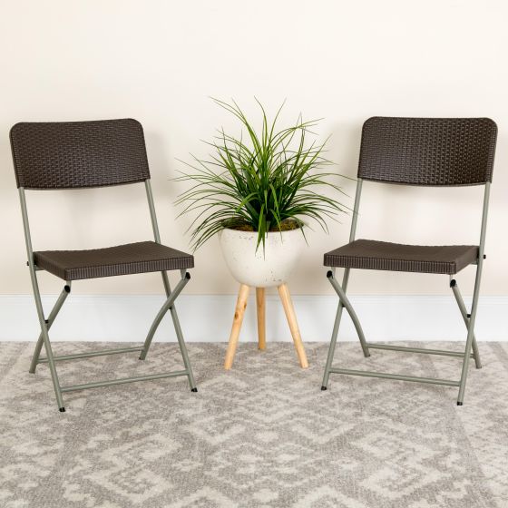 2 Pack Brown Rattan Plastic Folding Chair with Gray Frame - Event Chair