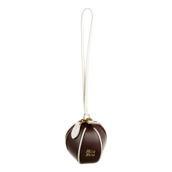 Miu Miu Baseball Leather Wristlet Pouch Brown White Gold-Tone Hardware Logo