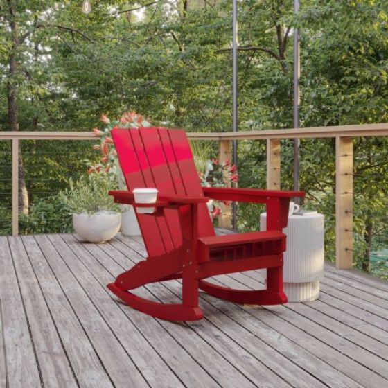 Commercial All-Weather Rocking Adirondack Chair with Swiveling Cupholder - Red