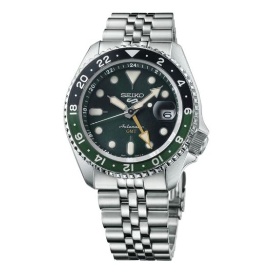 Men's Seiko 5 Sports SKX GMT Silver Stainless Steel Watch Green Dial