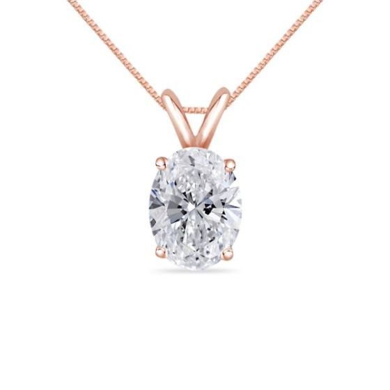 Bright White Pristine Oval Lab Grown Diamond Pendant with chain in 14K Rose Gold 0.65ct, GH,VS