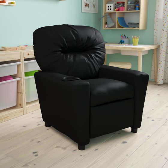 Contemporary Black LeatherSoft Kids Recliner with Cup Holder - Hardwood Frame