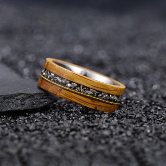 Paul - Tungsten + Whiskey Barrell & Guitar String & Crushed Meteorite Ring Size 11