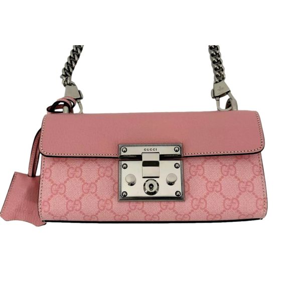 Gucci Pink GG Supreme Leather Padlock Chain Small Handbag Pink