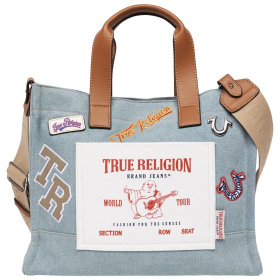 Bold heritage meets everyday versatility with the True Religion Andy Multi Patch Medium Tote. Crafted in signature denim, this standout tote features a collage of embroidered logos, silver hardware, iconic horseshoe details, and the unmistakable World Tou