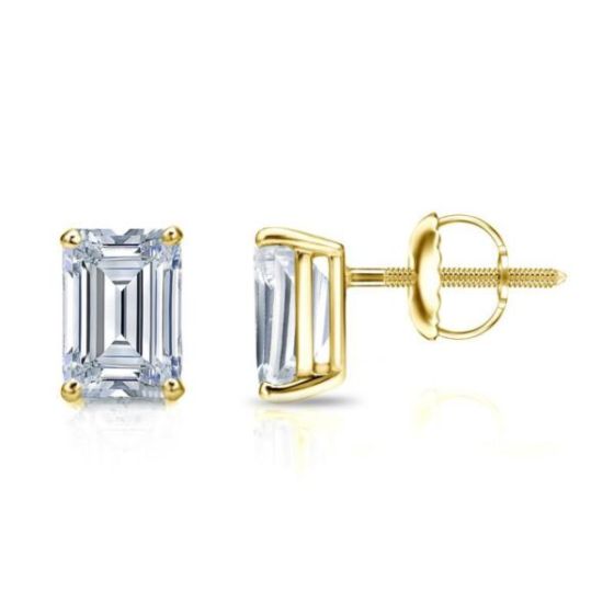 Bright White Pristine Emerald Lab Grown Diamond Screwback Stud in 14K Yellow Gold 1.70ct, GH, VS