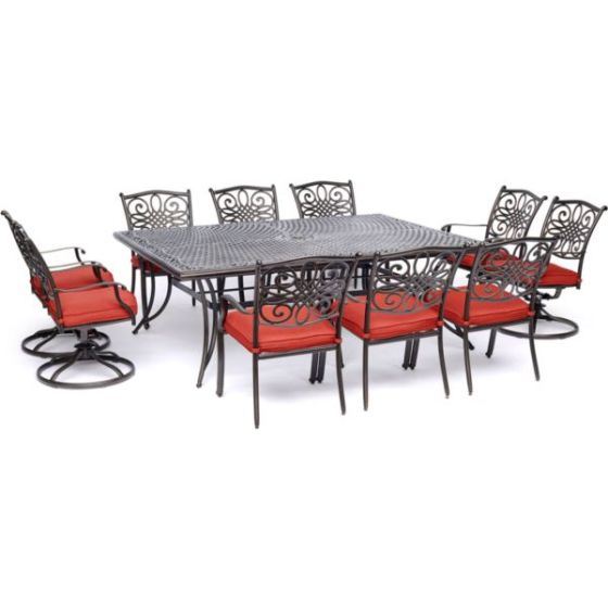 Traditions 11-Piece Dining Set in Red with Four Swivel Rockers, Six Dining Chairs, and an Extra-Long