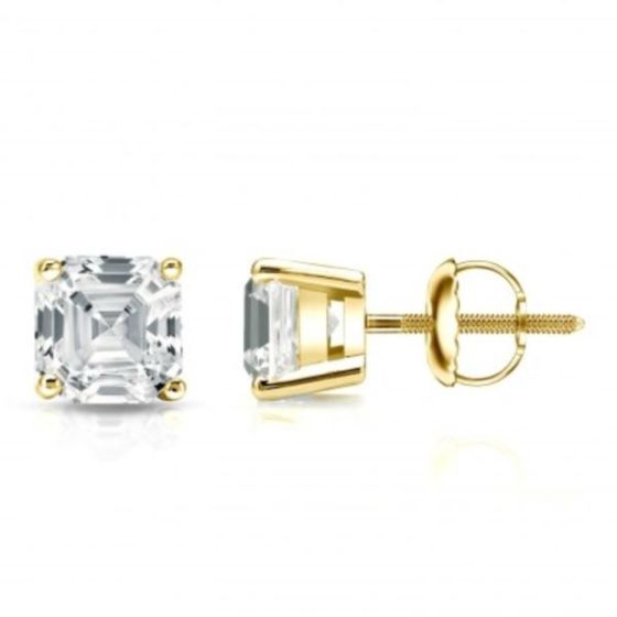 Bright White Pristine Asscher Lab Grown Diamond Screwback Stud in 14K Yellow Gold 1.90ct, GH, VS