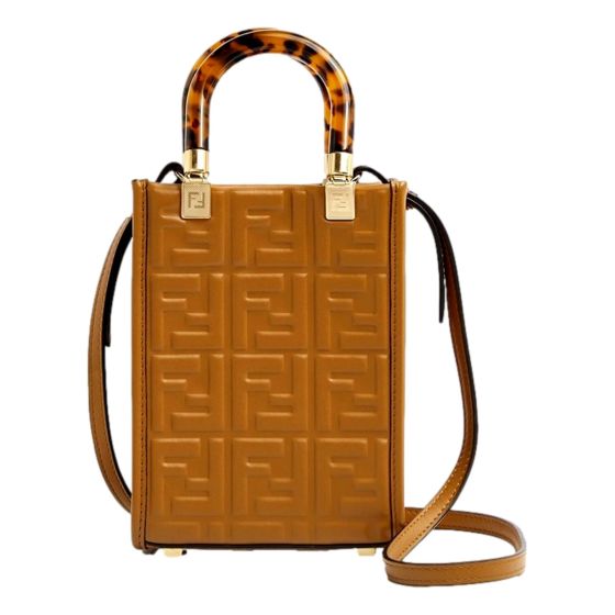 Fendi FF Zucca Leather Mini Sunshine Shopper Tote Crossbody Bag Caramello Brown