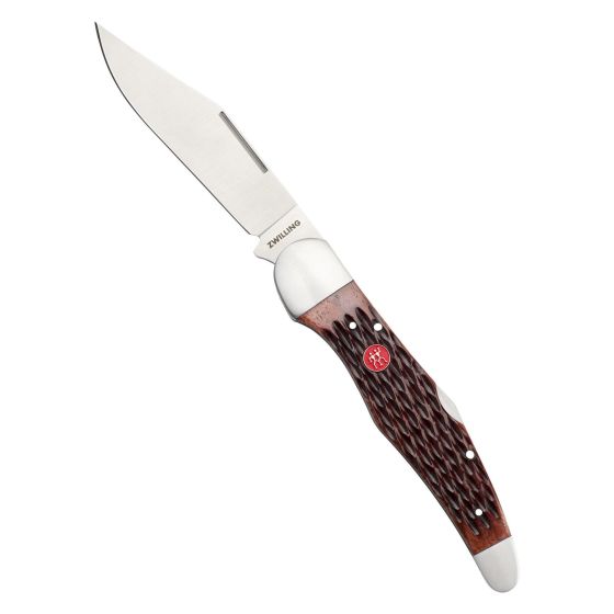 Folding Hunter Knife w/ Leather Sheath Brown Jigged Bone