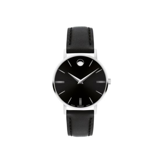 Ladies Corporate Exclusive Silver & Black Leather Strap Watch Black Dial