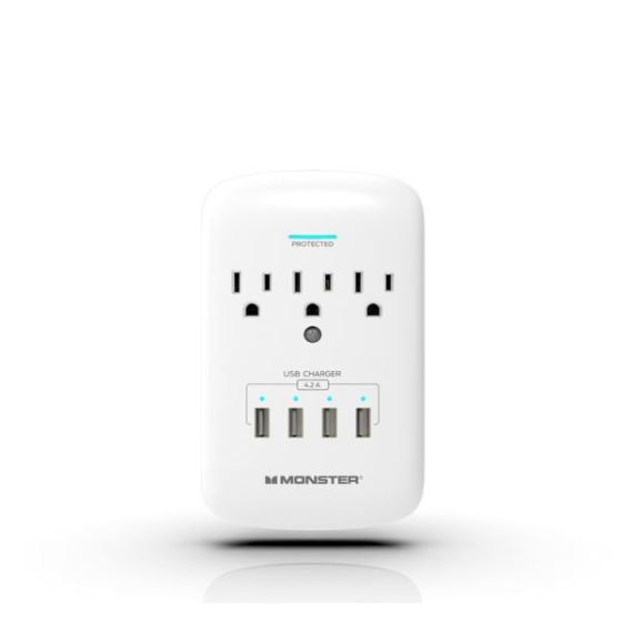 Monster Wall Plug 3 Outlet 4 USB Surge Protector - White