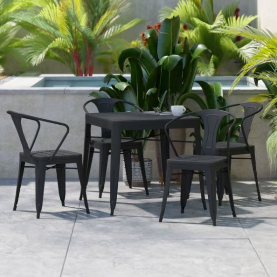 All-Weather Resin Top Square Table & 4 Metal Chairs with Poly Resin Seats-Black