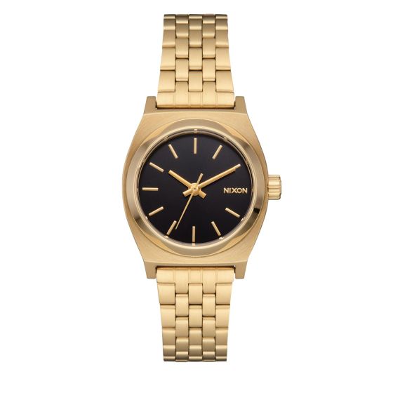 Unisex Small Time Teller Gold-Tone Stainless Steel Watch Black Dial