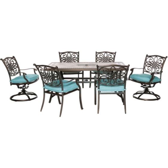 Monaco 7-Piece Patio Dining Set in Blue with 4 Dining Chairs, 2 Swivel Rockers, and a 40