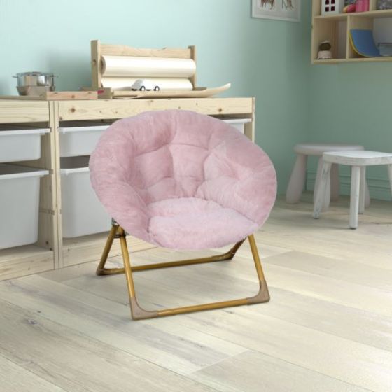 Kids Folding Faux Fur Saucer Chair for Playroom or Bedroom-Blush/Soft Gold