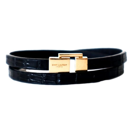 Saint Laurent Black Smooth Leather Double Wrap Bracelet with Gold-Tone Engraved Clasp