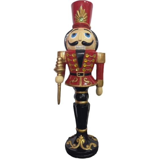 3-Ft. Nutcracker Toy Soldier Holding a Staff, Resin Figurine w/ LED Lights, Indoor or Covered Outdoo