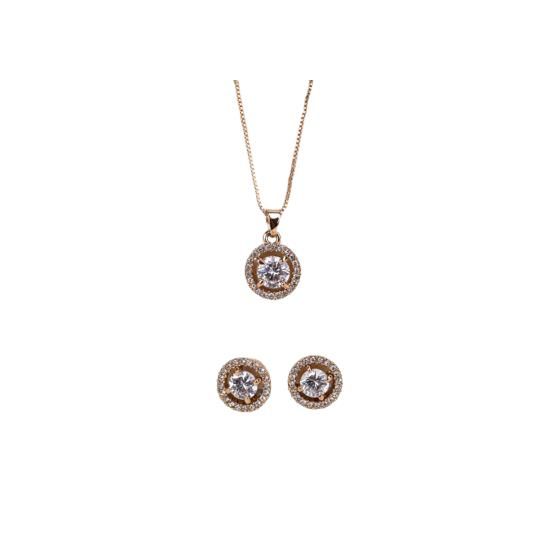 Rose Gold Tone Halo CZ Necklace and Earrings Set
