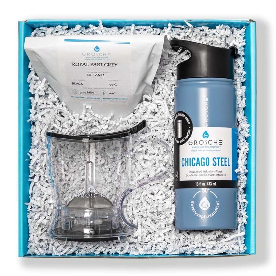 Steep and Go Plus Tea Gift Basket - ABERDEEN Large Easy Pour Tea Steeper, CHICAGO STEEL 22oz Insulated Bottle, 100g Royal Earl Grey Tea