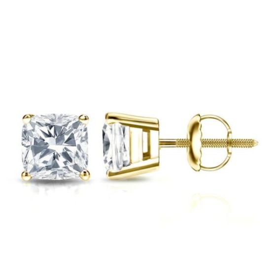 Bright White Pristine Cushion Lab Grown Diamond Screwback Stud in 14K Yellow Gold 2.10ct, GH, VS