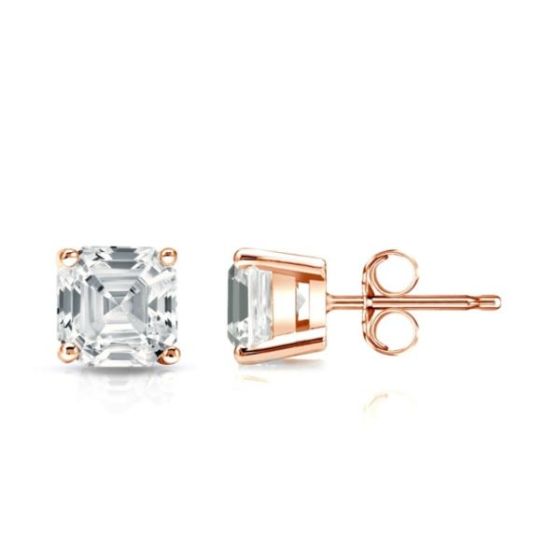 Bright White Pristine Asscher Lab Grown Diamond Stud in 14K Rose Gold 1.50ct, Color-GH,Clarity-VS
