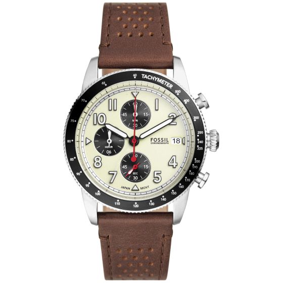 Mens Sport Tourer Chronograph Silver & Brown Leather Watch Cream Dial