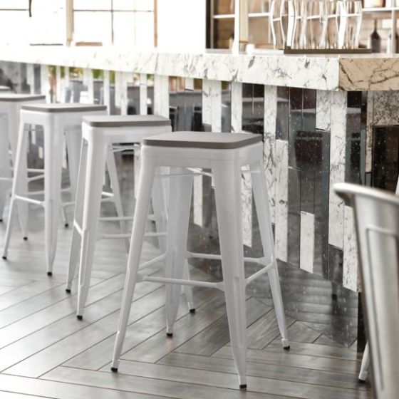 Indoor/Outdoor Backless Bar Stool with Poly Seat - White/Gray