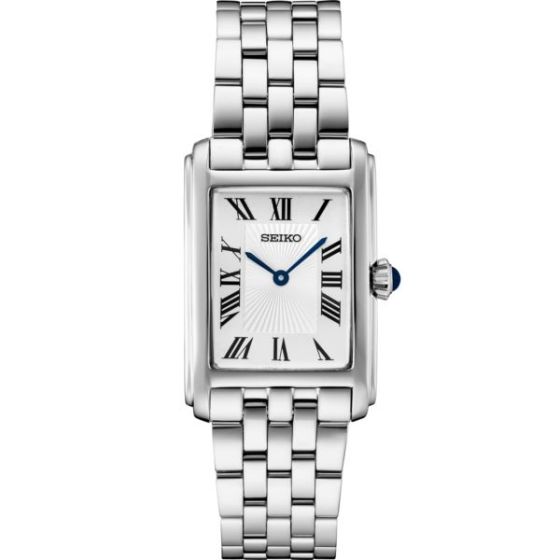 Seiko Essentials SS Quartz White Dial, Rectangle Case, Blue sweep accent, Roman Numerals