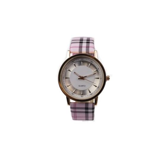 Ladies' Rose Gold Toned Quartz Watch with Tan Plaid Strap