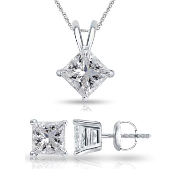 Bright White Pristine Princess cut Lab Grown Diamond Screwback Set in 14K White Gold 1.30ct, GH, VS