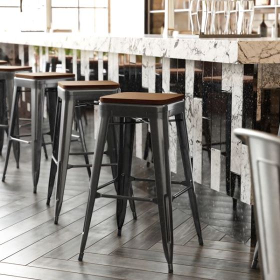 Indoor/Outdoor Backless Bar Stool with Poly Seat - Black/Teak