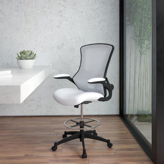 Mid-Back White Mesh Ergonomic Drafting Chair with Foot Ring and Flip-Up Arms
