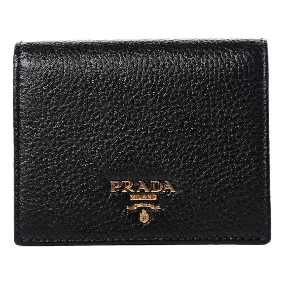 Prada Vitello Grain Nero Black Logo Leather Bifold Snap Wallet