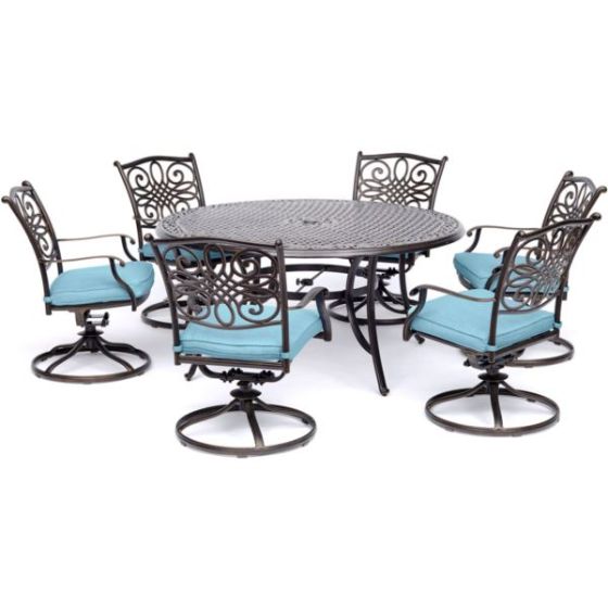 Traditions 7-Piece Dining Set in Blue with a 60 In. Round Cast-top Table and Six Swivel Rockers