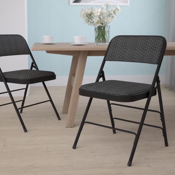 Curved Triple Braced & Double Hinged Black Patterned Fabric Metal Folding Chair