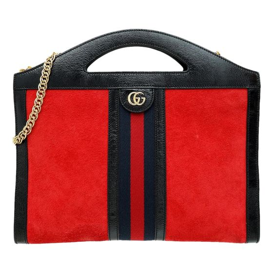Gucci Ophidia Bicolor Red Suede Black Leather Slip Handle Tote Bag