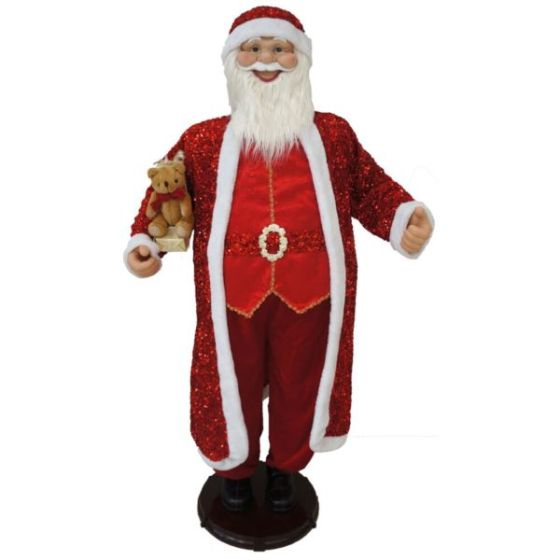 58-In. Dancing Santa in Red Sequin Suit with Teddy Bear and Wrapped Gifts, Animated Christmas Decora