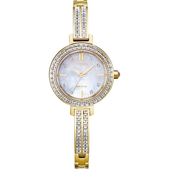 Ladies' Silhouette Crystal Eco-Drive Watch, Gold-tone with MOP Dial