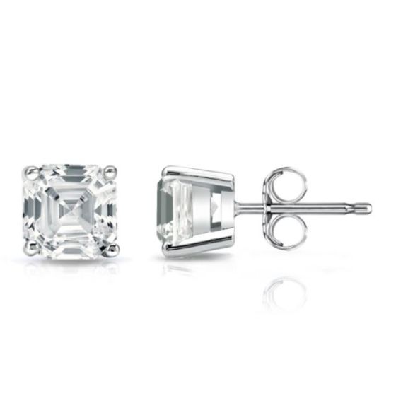 Bright White Pinnacle Asscher Lab Grown Diamond Stud in 14K White Gold 1.90ct,Color-GH,Clarity-VVS