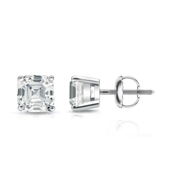 Bright White Pinnacle Asscher Lab Grown Diamond Screwback Stud in 14K White Gold 1.50ct, GH, VVS