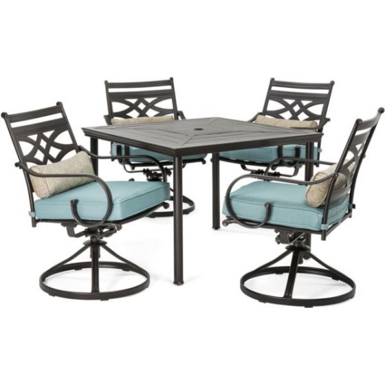 Montclair 5-Piece Patio Dining Set in Ocean Blue with 4 Swivel Rockers and a 40-Inch Square Table